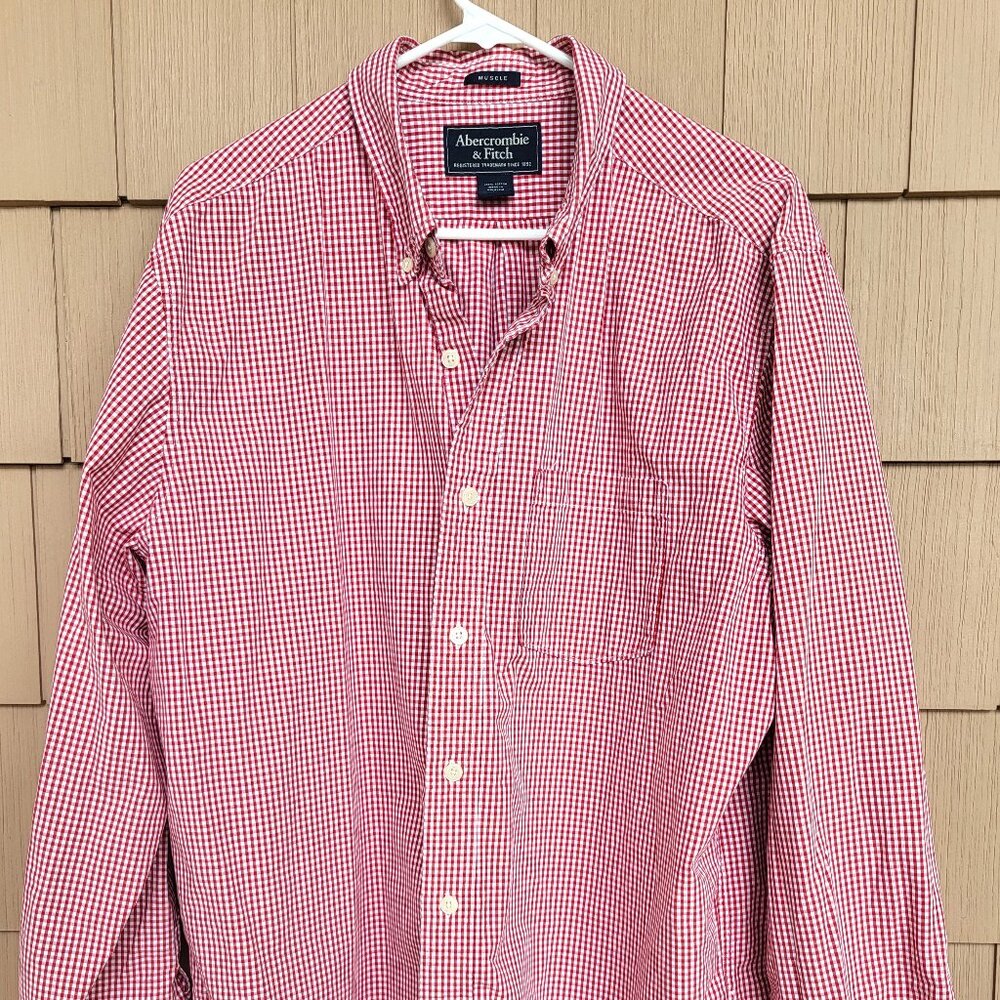 VINTAGE Abercrombie & Fitch Muscle Shirt Red Plaid 100% Cotton Oxford